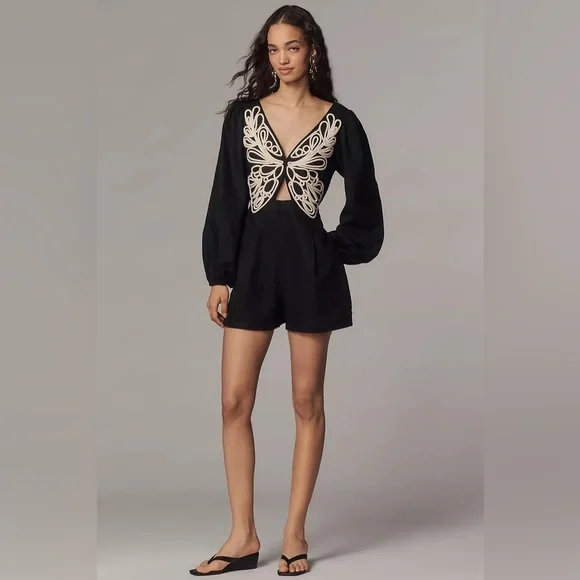 Farm Rio x Anthropologie Embroidered Long-Sleeve Romper Farm Rio x Anthropologie Embroidered Long-Sleeve Romper